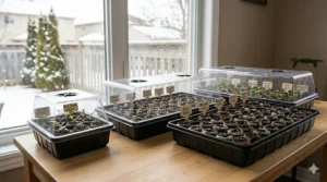Step-by-step growth progression of seedlings in seed starting trays, from seed to established plant under a humidity dome.