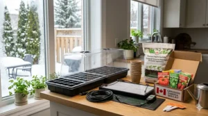 Unboxing a premium seed starting kit with grow light showing trays, cells, and full-spectrum LED lighting components.