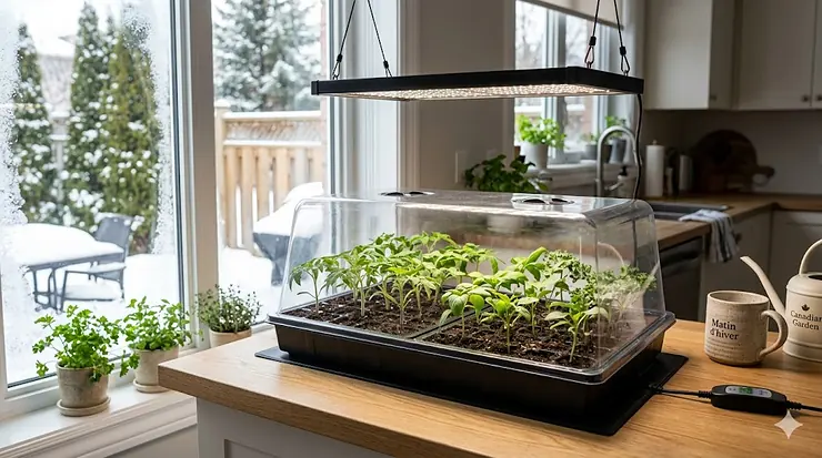A complete seed starting kit with grow light set up in a bright home, perfect for starting vegetables before the Canadian spring frost.