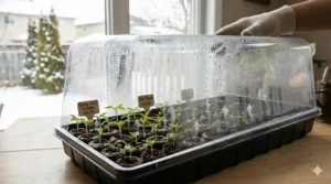 Side-by-side comparison of seed starting trays with humidity domes in different cell configurations for various garden sizes.