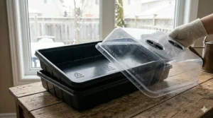 Seed starting trays with humidity dome perfectly positioned on a bright, sunlit windowsill in a Canadian home during winter.