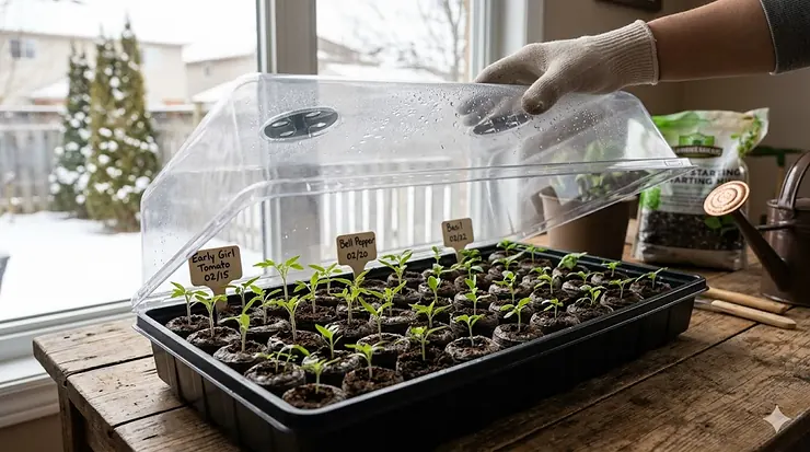 Canadian gardener starting seeds in trays with humidity domes indoors during late winter to prepare for the spring planting season.