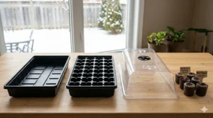 Anatomy of seed starting trays with humidity dome, showing the base, cell insert, and clear plastic lid for heat retention.