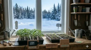 Starting seeds in Canadian winter using a seedling heat mat with thermostat. | Démarrage des semis durant l'hiver canadien avec un tapis chauffant pour semis avec thermostat.