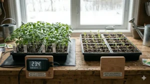 Comparison of plant growth with and without a seedling heat mat with thermostat. | Comparaison de la croissance des plantes avec et sans tapis chauffant pour semis avec thermostat.