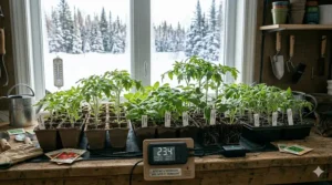 Healthy seedlings grown using a seedling heat mat with thermostat. | Jeunes plants vigoureux cultivés à l'aide d'un tapis chauffant pour semis avec thermostat.