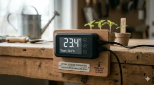Digital thermostat display on a seedling heat mat showing optimal temperature. | Affichage du thermostat numérique d'un tapis chauffant pour semis indiquant la température optimale.