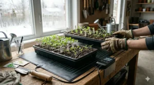 Placing seed starting trays on a seedling heat mat with thermostat. | Placement des plateaux de semis sur un tapis chauffant pour semis avec thermostat.