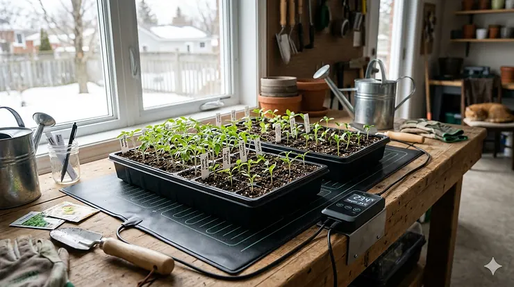 Seedling heat mat with thermostat for indoor seed starting in Canada. | Tapis chauffant pour semis avec thermostat pour le démarrage des graines au Canada.
