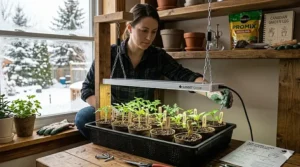 Step-by-step setup of an indoor LED grow light system for starting vegetable seedlings in Canadian homes.
