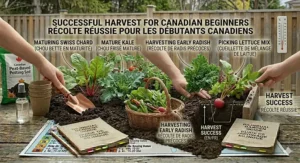 Illustration of a successful harvest of short-season vegetables like kale, radishes, and carrots grown from a beginner seed starter kit in Canada.