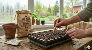 Placing vegetable seeds into premium organic seed starting mix, the first step for a healthy harvest in the Canadian climate.