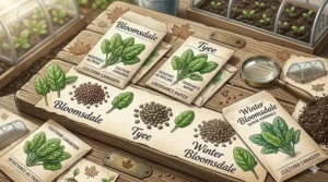 A seed packet for spinach seeds for fall harvest with bilingual English and French labeling for Canadian gardeners.