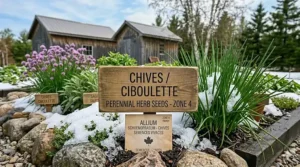 Indoor seed starting trays with bilingual labels (Semences/Seeds) for perennial herbs suited for the Canadian climate.