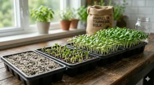 Stages of sunflower microgreens growth from bulk seeds.