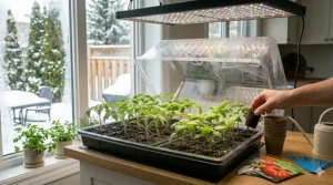 Strong, healthy seedlings grown in a seed starting kit with grow light, prepared for transplanting into an outdoor garden.