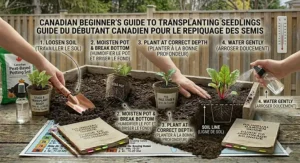 Illustration of a beginner gardener transplanting healthy vegetable starts from a kit into a backyard garden bed in Canada.