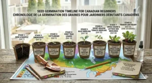A visual timeline showing the growth stages of seedlings in a starter kit, from initial sowing to the first true leaves.