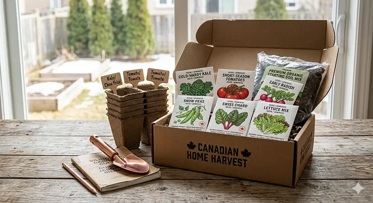 A premium vegetable seed starter kit for beginners in Canada, featuring heirloom seeds, peat pots, and a bilingual English-French gardening guide on a rustic wooden table. vegetable seed starter kit Canada beginners