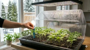 A variety of vegetable seedlings in a seed starting kit with grow light, ready for the upcoming Canadian gardening season.