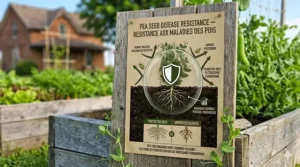 A photorealistic 4K illustration of a small-space vertical pea garden in a weathered wooden structure on a Canadian city balcony, featuring a bilingual sign for short-season vertical peas.