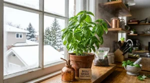 Misting an indoor basil plant to maintain humidity in a dry, heated Canadian home environment.