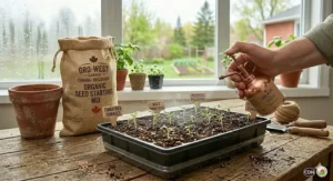 Gently misting a tray of organic seed starting mix to ensure the proper moisture levels for seed germination.