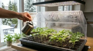 Close-up view of watering seed starter trays, demonstrating the humidity control features of the indoor grow light kit.