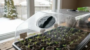 A watertight seed starting tray base being held, highlighting the durable plastic design for protecting indoor surfaces.