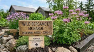 Illustration of Wild Bergamot (Monarda), a native Canadian perennial herb grown from seeds, attracting bees in a Zone 4 garden.