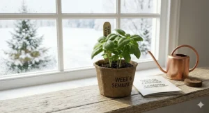 Illustration of an herb seed starter kit on a kitchen windowsill with a Canadian winter landscape visible outside.
