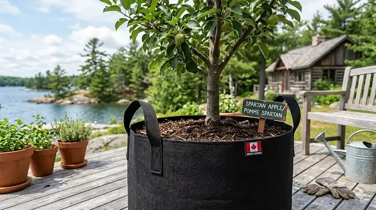 20 gallon grow bags for fruit trees on a sunny Canadian patio.