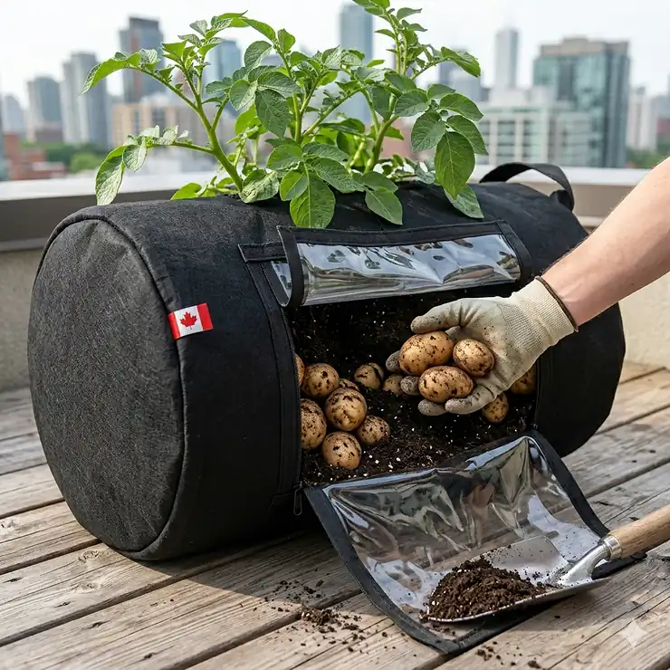 A thriving tomato plant growing in a heavy-duty 5 gallon grow bag on a sunny cedar deck in Canada.