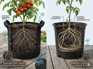 Illustration of 5 gallon grow bags insulating soil for an early spring planting start in Canada's short growing season.