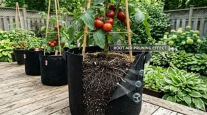 Illustration focusing on a single tomato plant in a 5 gallon grow bag. A semi-transparent cross-section of the bag reveals the root system. A small, subtle graphic illustrates how the breathable fabric wall facilitates air pruning of the tomato root system.