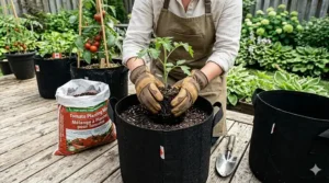 Illustration showing a person in gardening gloves planting a tomato seedling into a 5 gallon grow bag. The image emphasizes proper soil depth and spacing in a realistic backyard setting, matching the high detail and natural light of the previous scenes.
