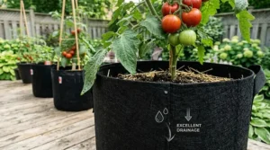 Close-up illustration of the fabric of a 5 gallon grow bag. The fabric's texture is highlighted, with a small icon showing excellent drainage. The image maintains the photorealistic style, high detail, and natural light of the previous garden and balcony scenes.