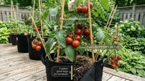 Illustration of a fully mature tomato plant in a 5 gallon grow bag, complete with stakes for support. The focus keyword "5 gallon grow bags for tomatoes" is integrated into the illustration. The image maintains the photorealistic style, high detail, and natural light of the previous garden and balcony scenes.