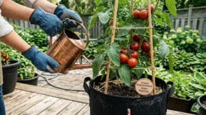 Illustration showing how to water and maintain a tomato plant in a 5 gallon grow bag. A small bilingual icon reminds gardeners to: "Arroser Régulièrement / Water Regularly." The image maintains the photorealistic style, high detail, and natural light of the previous garden and balcony scenes.
