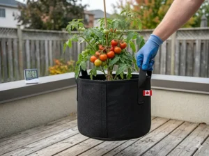 Illustration of an urban balcony garden in Canada featuring space-saving 5 gallon grow bags filled with fresh herbs and lettuce.