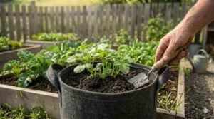 Adding soil to 10 gallon potato grow bags.