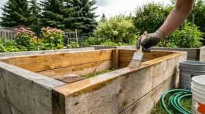 Applying the first coat of weather-resistant sealant to the interior of cedar garden beds.