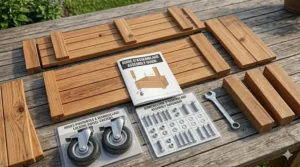 Step-by-step assembly illustration for an elevated planter box with English and French instructions (bac à fleurs sur roues).