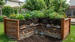 Infographic illustrating the best soil layering techniques for cedar raised garden beds to maximize drainage and crop yield in cooler climates.