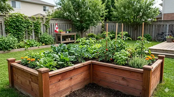 A lush vegetable garden featuring durable Western Red cedar raised garden beds in a sunny Canadian backyard, perfect for a short growing season.