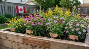 Cedar raised garden beds planted with Canadian native wildflowers to attract local pollinators and improve biodiversity in urban spaces.