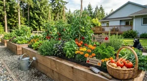 Colorful guide showing tomatoes, marigolds, and basil growing together in a 4x8 raised garden bed.