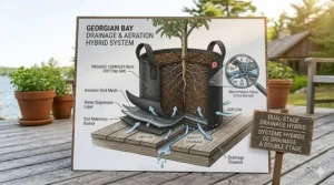 Cross-section showing drainage and moisture control in grow bags.