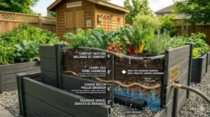 Built-in drainage and watering system illustrations for high-quality plastic raised garden beds.
