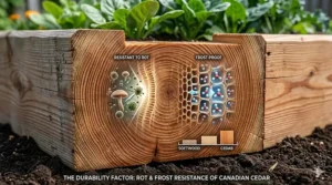 Illustration showing how rot-resistant cedar raised garden beds withstand harsh Canadian winters and freeze-thaw cycles without warping.